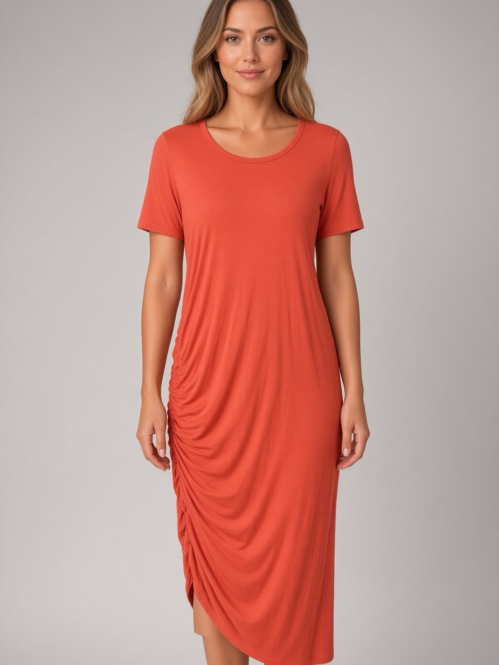 Time and Tru Rust-Orange Short-Sleeve Ruched Midi Dress